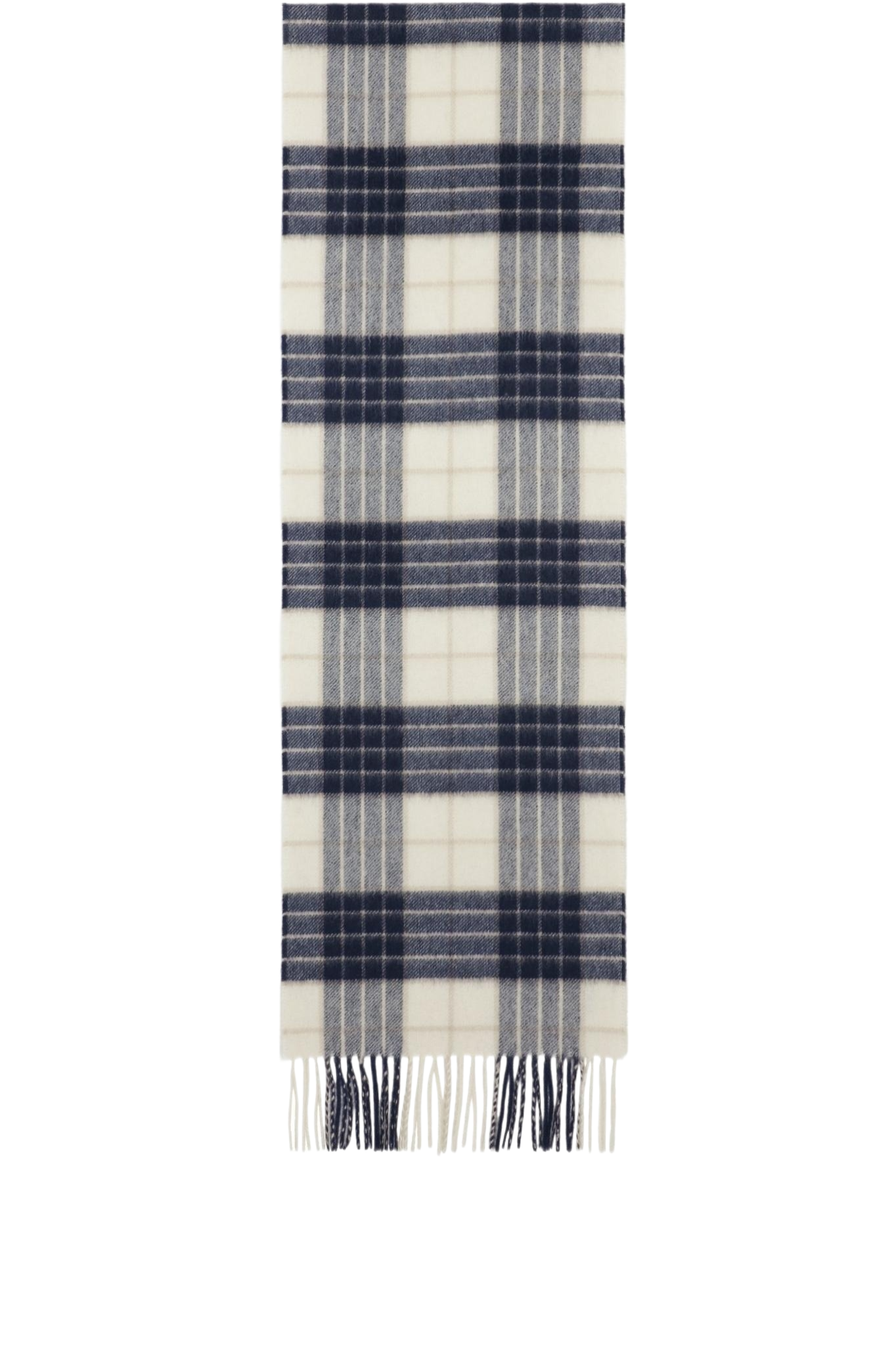 Cashmere halsduk med fransar, Skottland - Rutig Tartan Vit och Marinblå