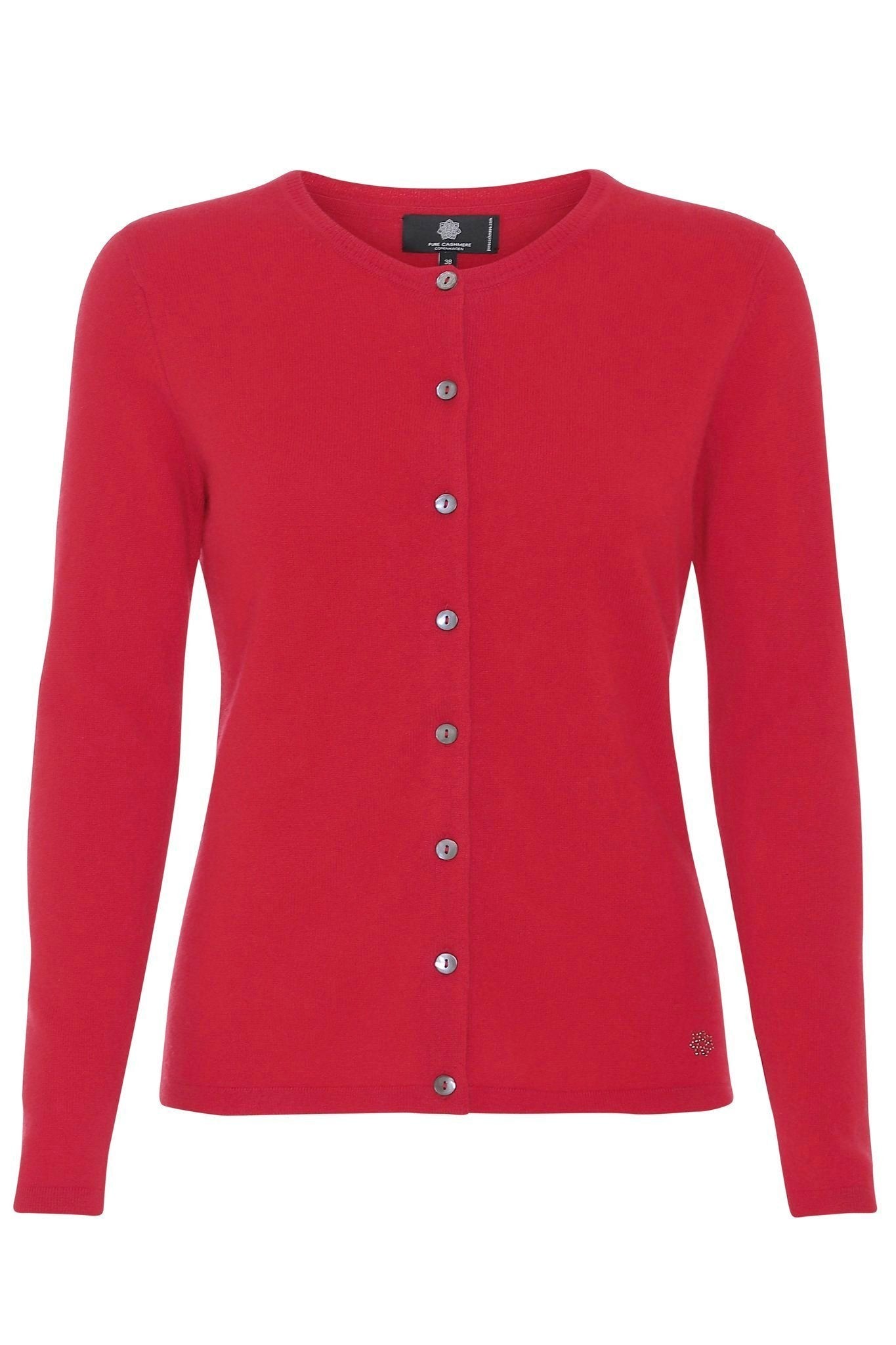 Klassisk dame cardigan i rød kashmir. Pure Cashmere