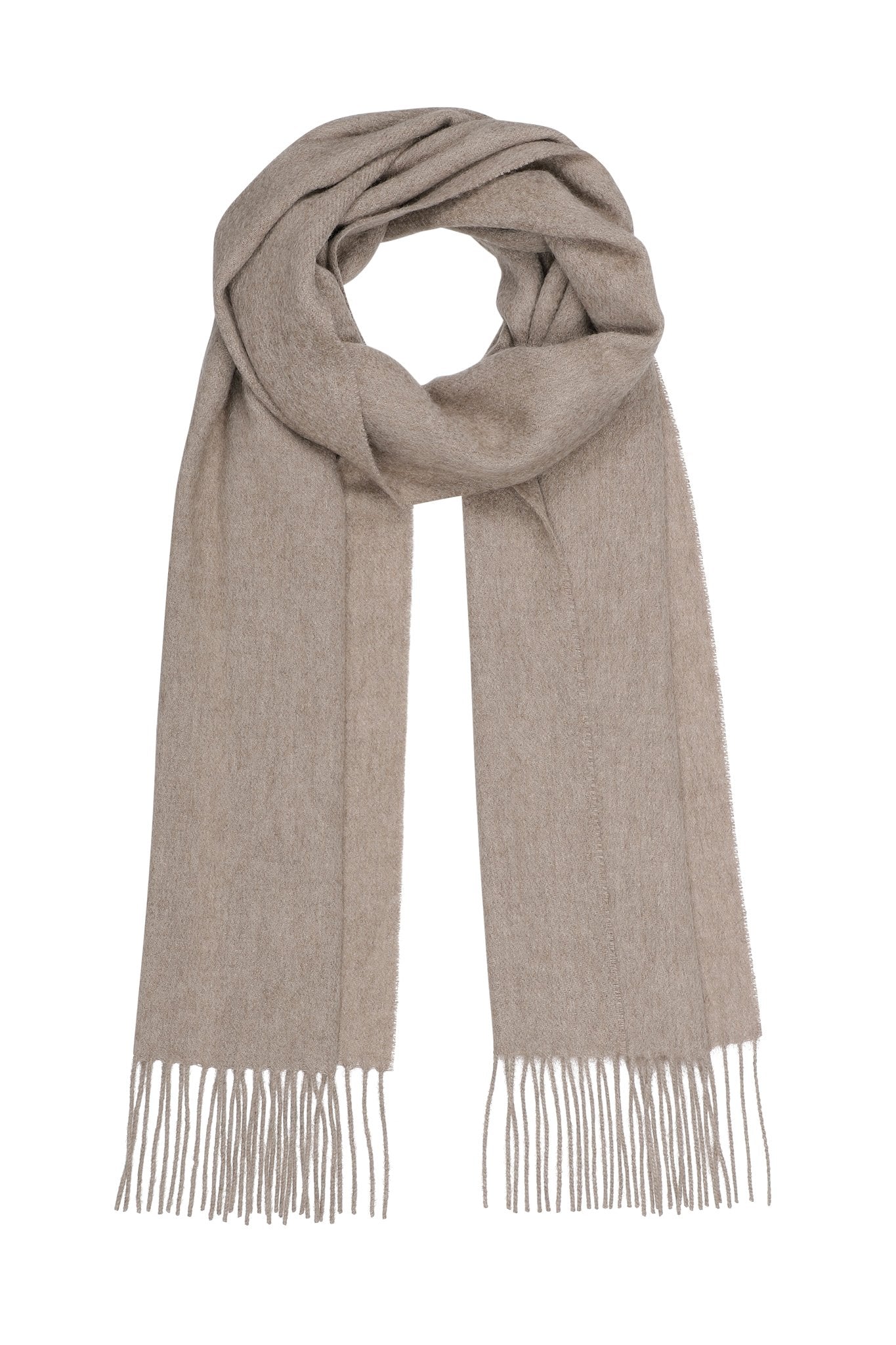 Sandfarvet kashmir tørklæde med frynser fra Danske Pure Cashmere.
