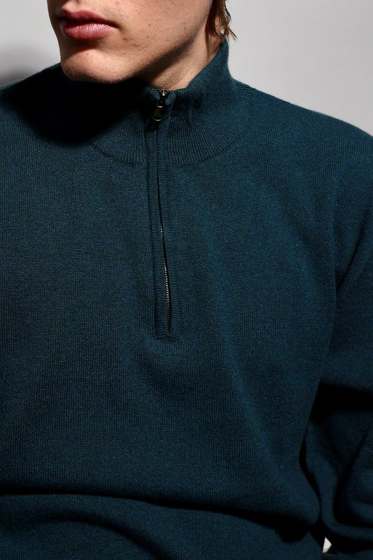 Cashmere herrtröja half zip, Skottland - Mörk Grön