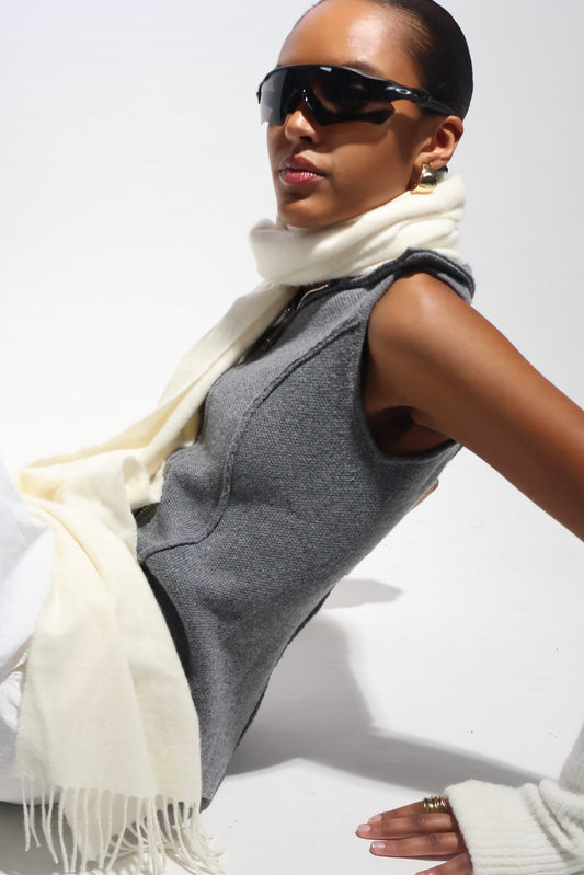 Klassisk cashmere halsduk med fransar, Skottland - vit