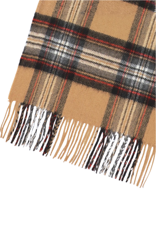 Cashmere halsduk med fransar, Skottland - Rutig Tartan Camel