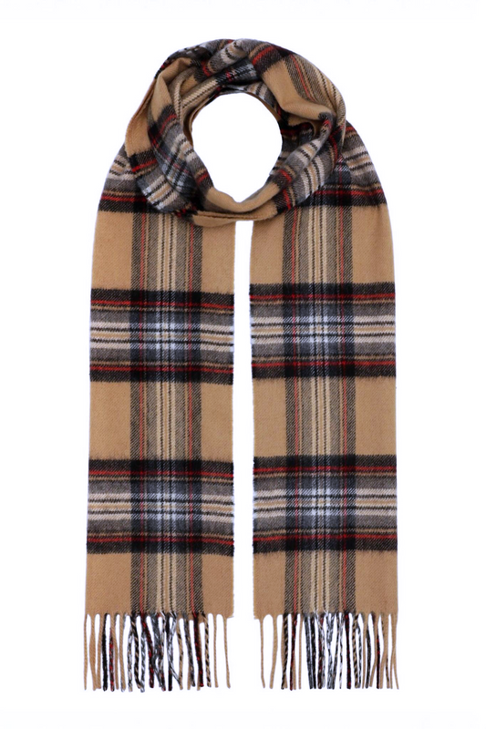 Cashmere halsduk med fransar, Skottland - Rutig Tartan Camel