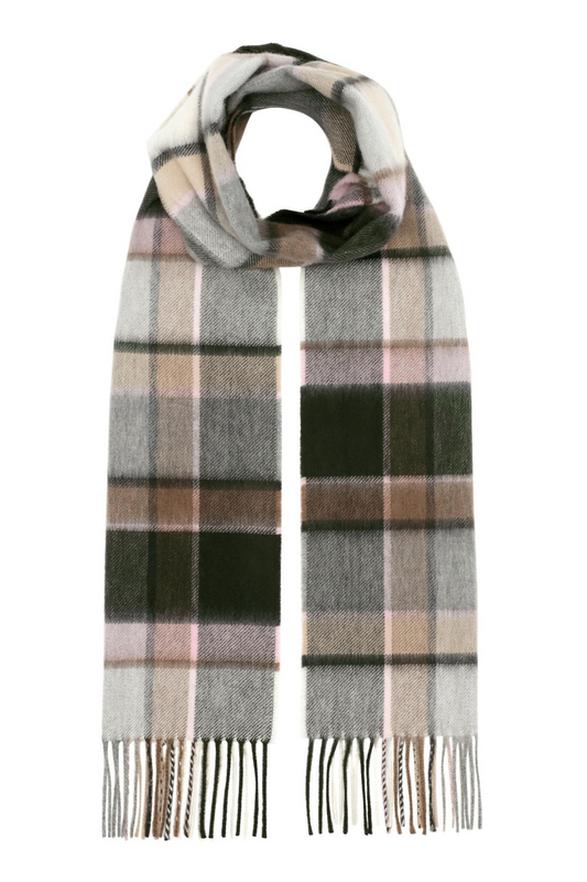 Cashmere halsduk med fransar, Skottland - Rutig Tartan Rosa grå brun vit