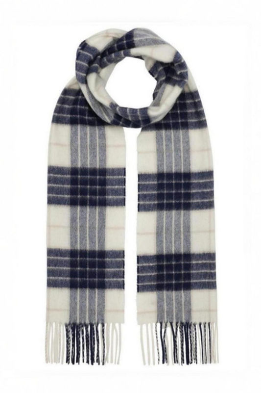 Cashmere halsduk med fransar, Skottland - Rutig Tartan Vit och Marinblå