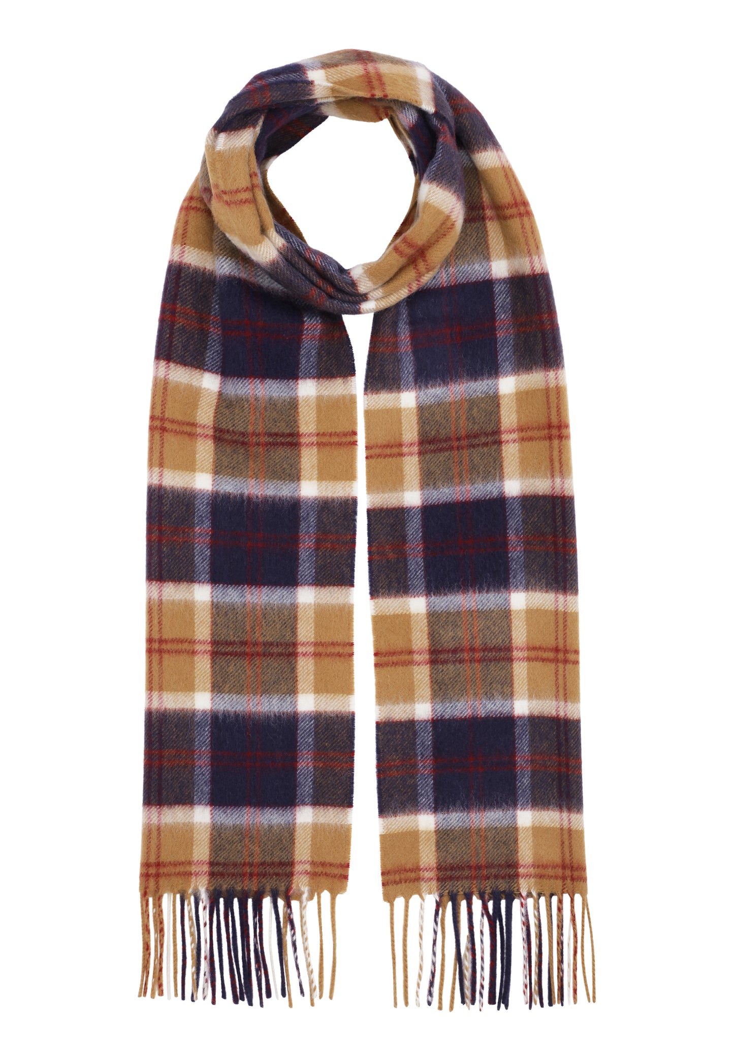 Cashmere halsduk med fransar, Skottland - Rutig Tartan Camel Navy Bannock