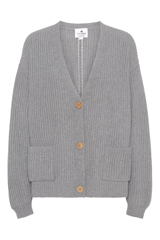 Maja - ribbstickad kofta i återvunnen cashmere - Grå