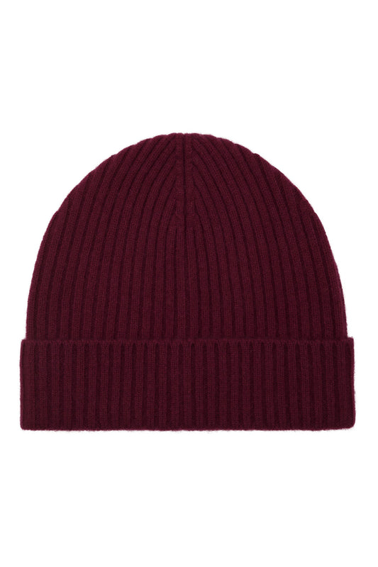 Robin - ribbstickad mössa (beanie) i cashmere - Vinröd